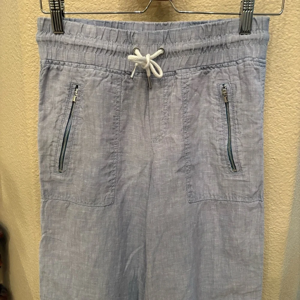 ATHLETA Women Light Blue 100% Linen Drawstring Wide Leg Pants Size 0-Minor Flaws